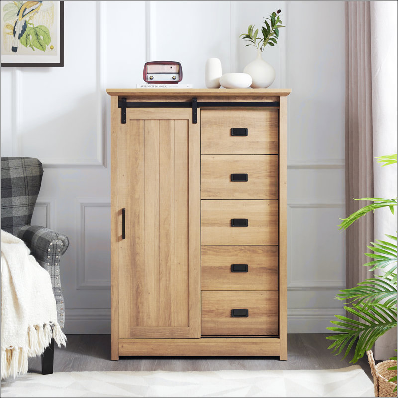 Commode 5 tiroirs avec porte de grange coulissante, Chêne