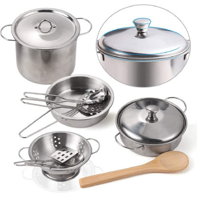 Juboury Kitchen Pretend Play Toys With Stainless Steel Cookware Pots And Pans Set, Cooking Utensils, Apron & Chef Hat, Cutting Vegetables For Kids, Girls, Boys, Toddlers