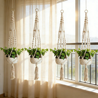 Macrame Plant Hangers – Handwoven Cotton Rope Hanging Planters with Tassels, Boho Style for Indoor/Outdoor Use