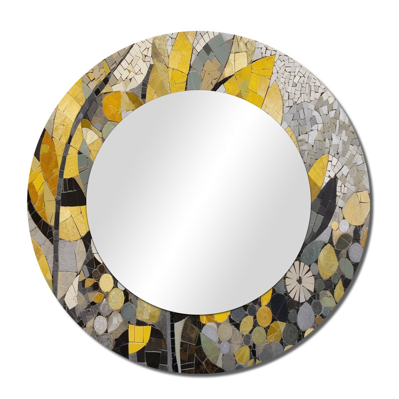 Packan Yellow And Grey Patterns In Artistic Fusion - Boho Mosaic Decorative Wall Mirror, Yellow Large Round Mirror, Printed Metal Art