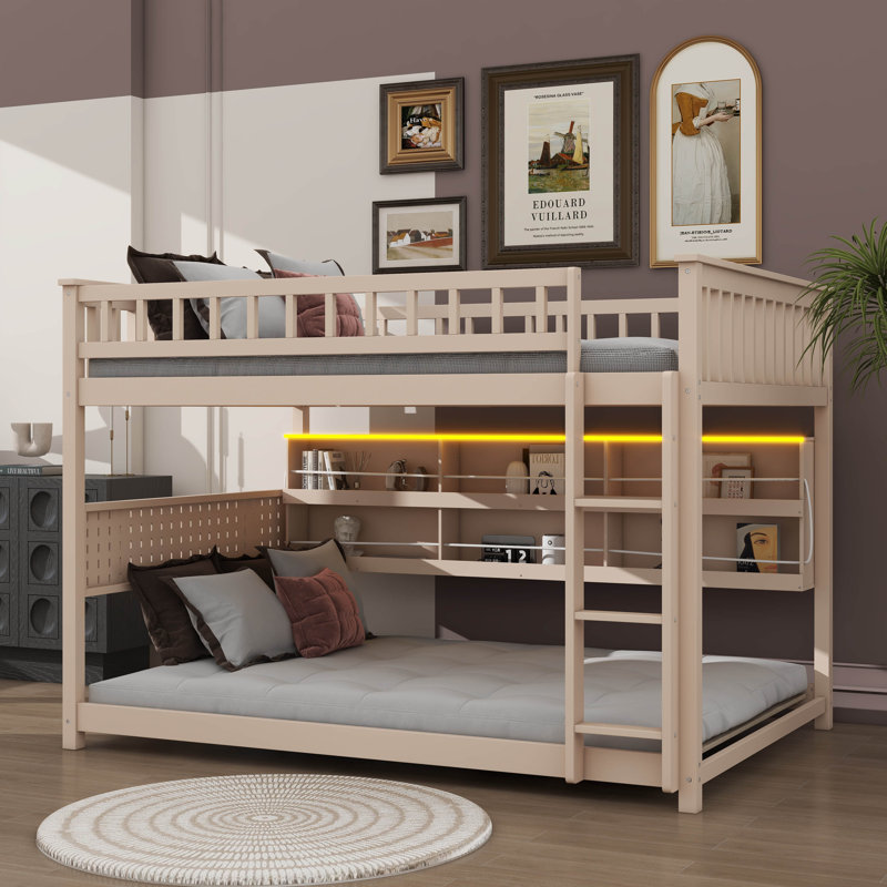 Full XL Over Queen Bunk Bed With Integrated Shelving, Customizable Lights And Ventilated Panel, Beige