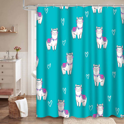 Waterproof Adorable Animal Cartoon Llama Alpaca Shower Curtain with 12 Hooks