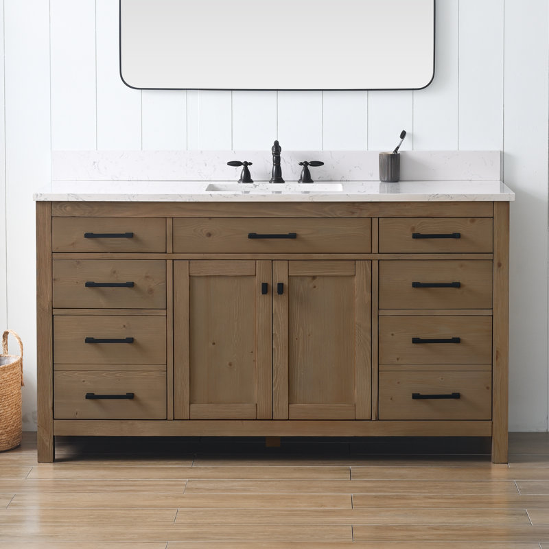 Ajiya 60" Single Bathroom Vanity, Textured Natural/Matte Black, Carrara White