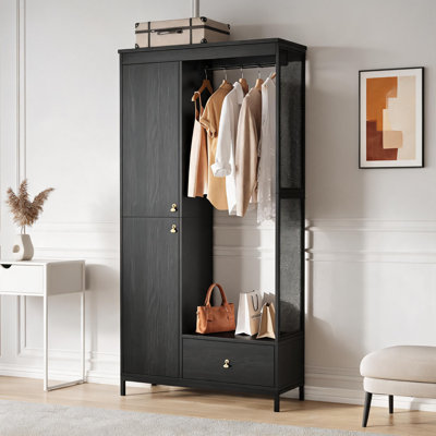 Armoire-penderie avec portes doubles en maille, tringle ouverte, étagères et tiroir inférieur, meuble de rangement en bois et métal
