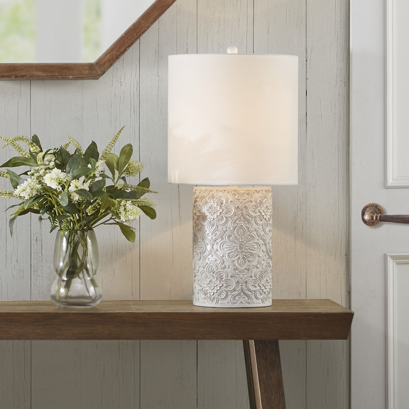 Ivory Floral Embossed Resin Cylinder Table Lamp with 3-Way Switch