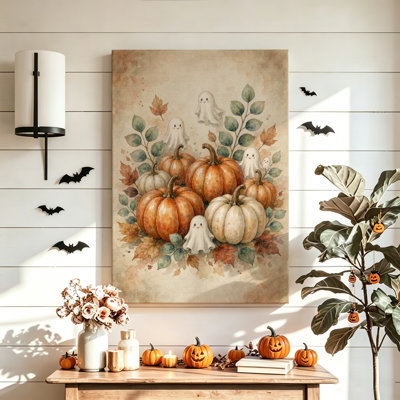 «Halloween», art mural 24 po x 36 po, citrouilles et fantômes nichés parmi des feuilles d'automne, reproduction d'aquarelle sur toile. Décoration murale moderne pour chambre à coucher, salon et bureau personnel