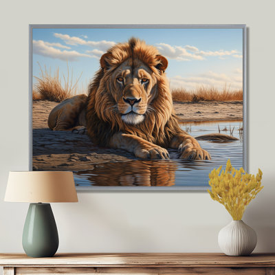Lion se reposant au bord de la piscine d'eau - impression d'art mural lion