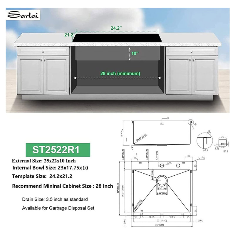 25'' L Drop-In Single Bowl Stainless Steel Kitchen Sink
