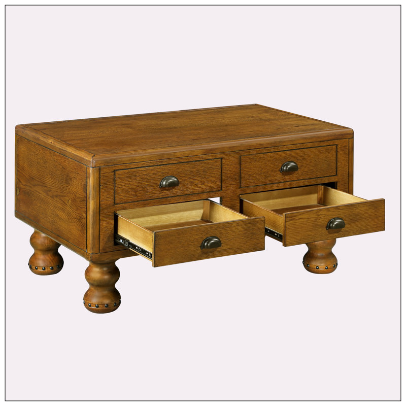 Table basse rectangulaire avec 4 tiroirs et pieds robustes, Brun antique
