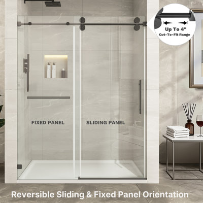 Porte de douche sans cadre de 68 po à 73 po x l 76 po Kavrton, porte de douche coulissante simple en noir mat, verre trempé transparent certifié Sgcc de 3/8 po (10 mm) avec barre à serviettes Kavrton