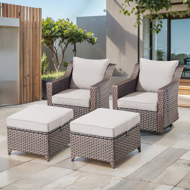 Tya Outdoor Wicker Rattan Swivel Rocking Chairs With Cushions And Ottomans, Beige