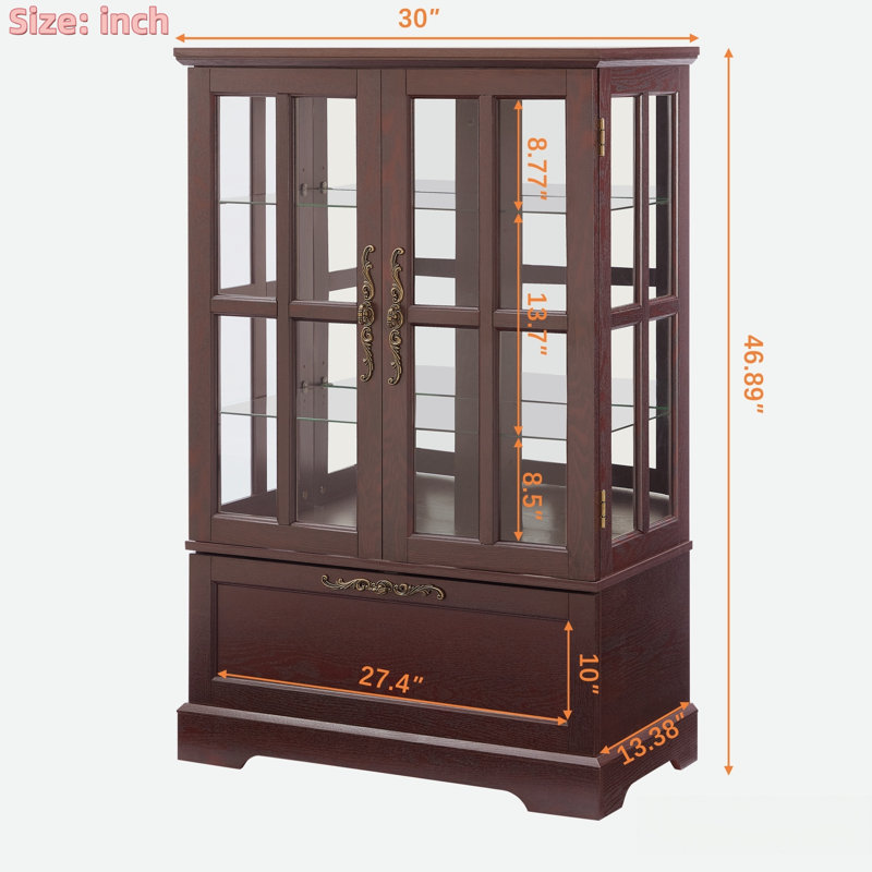 Vitrine avec bande lumineuse RVB en couleur, tablettes en verre réglables en hauteur et tiroir rabattable, Cherry