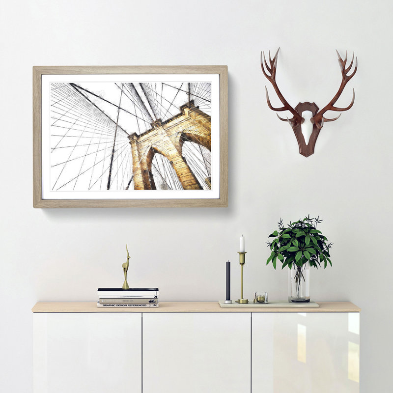 The Brooklyn Bridge in New York City - Picture Frame Painting Print, 33cm H x 45cm W x 2cm D, Oak Framed