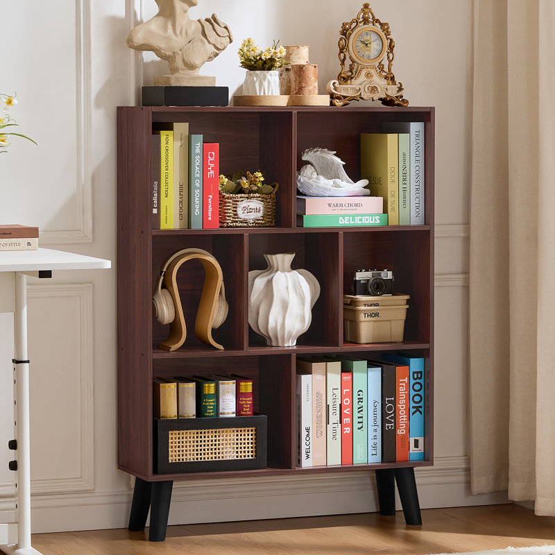 7 Cube Bookshelf, 3 Tier Modern Bookcase With Legs, Wood Cubeicals Organizer Storage Open Shelves, Retro Display Book Shelf, Freestanding Short Book Case For Bedroom,Living Room,Office