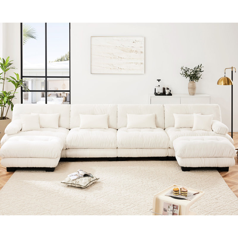 Chenille 4 U en forme de U - avec 2 repose-pieds confortables en blanc pour une personnalisation de l'espace polyvalent élégant du canapé