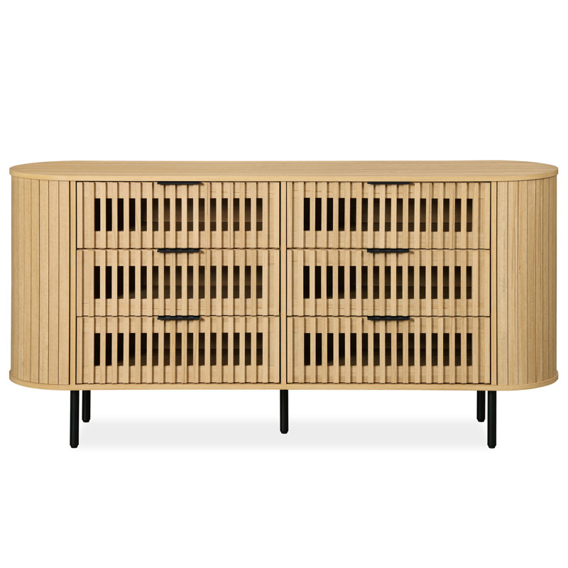 Commode cannelée à 6 tiroirs, commode moderne à profil incurvé, Chêne naturel