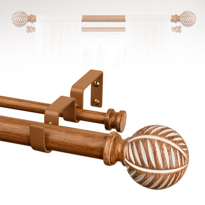 Boho Wooden Curtain Rods for Windows 36 to 88:TANGWIN 1" Heavy Duty Double Curtain Rod with Imitation Wood Grain Finials Farmhouse Decorative Wood Curtain Rod Dual Adjustable for Living Room Bedroom