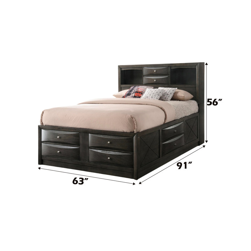 Grand lit en chêne gris avec 8 rangements - Fabrication en carton, sans sommier à 8 tiroirs, Gris, Grand lit