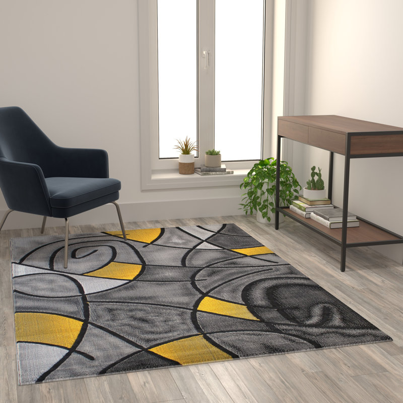 Sioar Yellow and Gray Modern Abstract Pattern Area Rug, Rectangle 5' x 7'