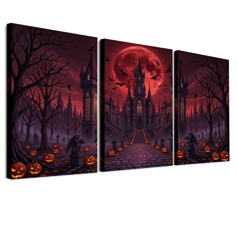 "Haunted Castle" avec lune rouge et Halloween, ensemble de 3 toiles, H 24 po x l 16 po x 3 pièces