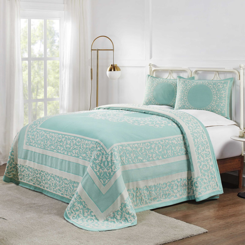 Fifer Lightweight Cotton Blend Oversized Jacquard Farmhouse Mandala Bedspread Set, Turquoise, Twin