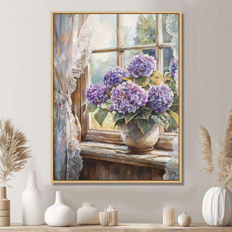 Hydrangeas By The Farmhouse Window II - Hydrangea Canvas Print, 32" H x 24" W, Floater Framed Print, Cream