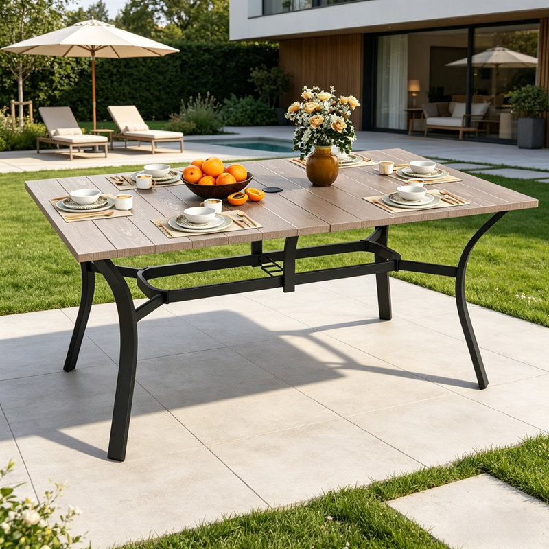 Table de patio en métal rétro avec grain de bois 37,8 po avec trou pour parasol, Naturel