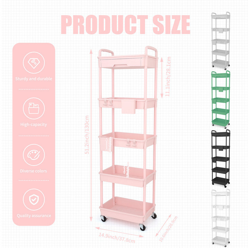 5 Tier Rolling Utility Cart with Drawer,With Drawer & Extended Poles,With Plastic Shelf & Lockable Wheels,Smooth Mobility