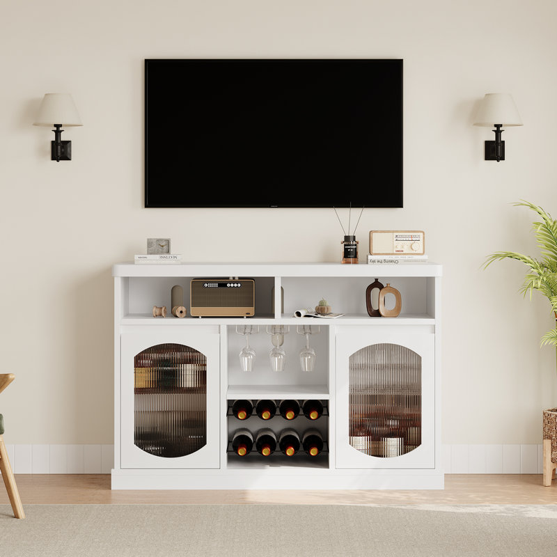 Modern Buffet Cabinet with LED Lights, White Sideboard Cabinet with 2 Glass Doors, Coffee Bar Cabinet with Adjustable Shelves and Wine Racks for Kitchen Room, Dining Room, Living Room