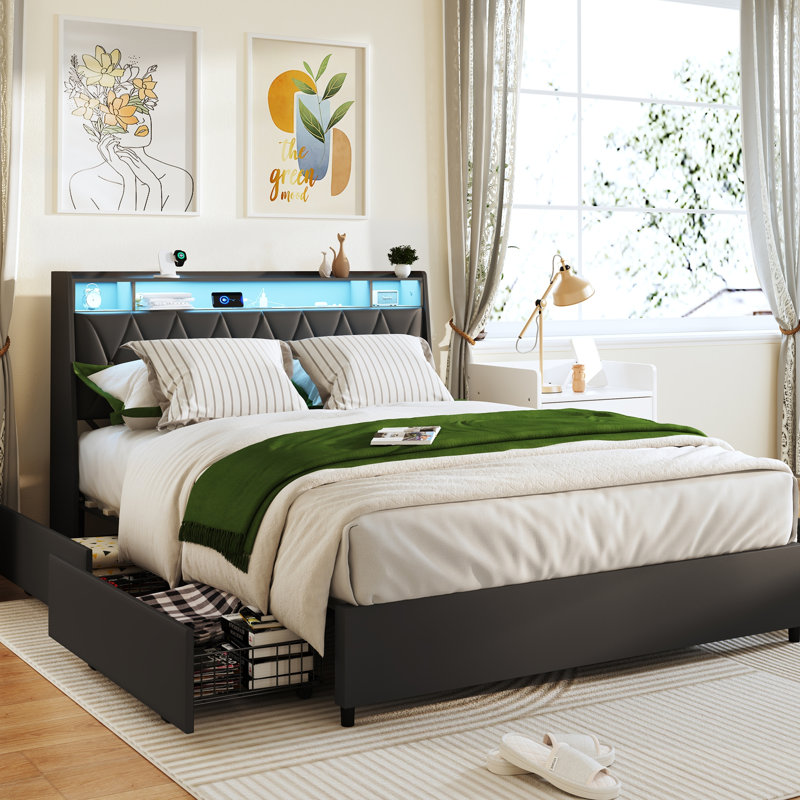 Base de lit plateforme avec prises et chargeur et lumière DEL, Noir