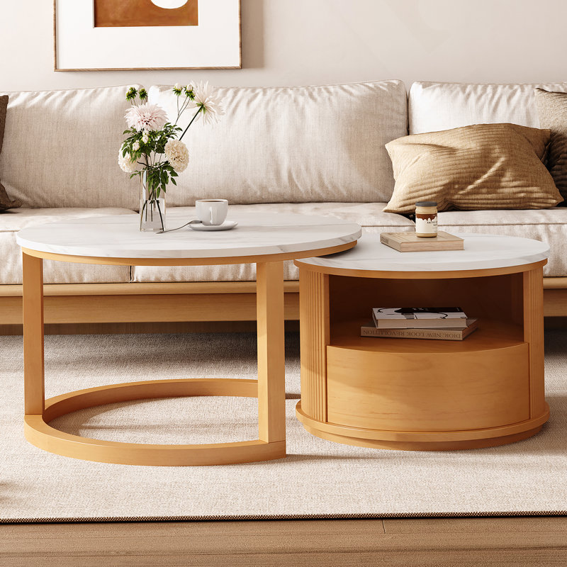 Élégante table basse gigogne avec plateau en marbre, rangement à deux niveaux et tiroir, idéale pour les espaces de vie organisés et élégants