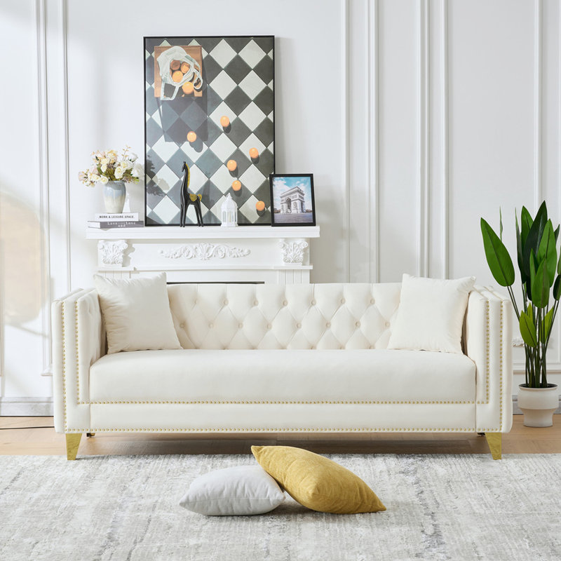 Canapé Chesterfield en velours à 3 places avec accoudoirs carrés cloutés pour le salon, Beige