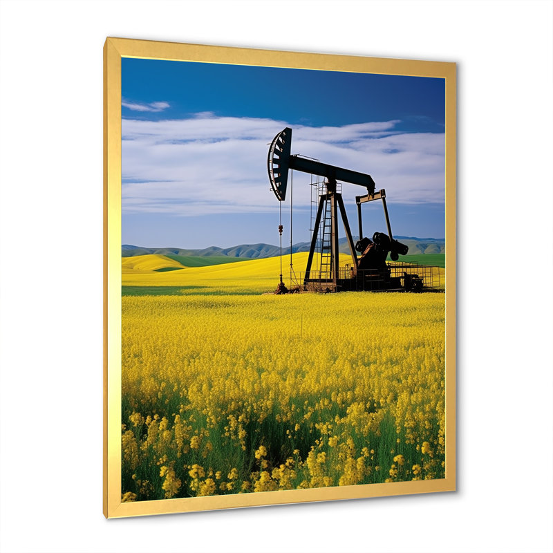 Foreuse à pétrole verte et jaune, Cadre doré simple, H 32 po x l 16 po x P 1 po