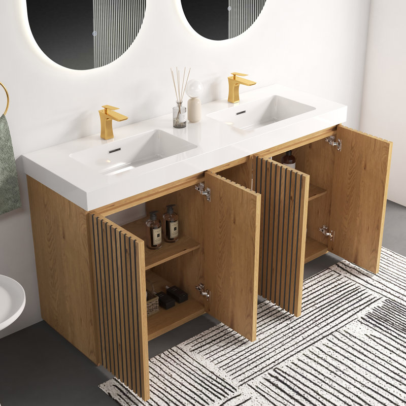 Meuble-lavabo double 60 po, Chêne clair