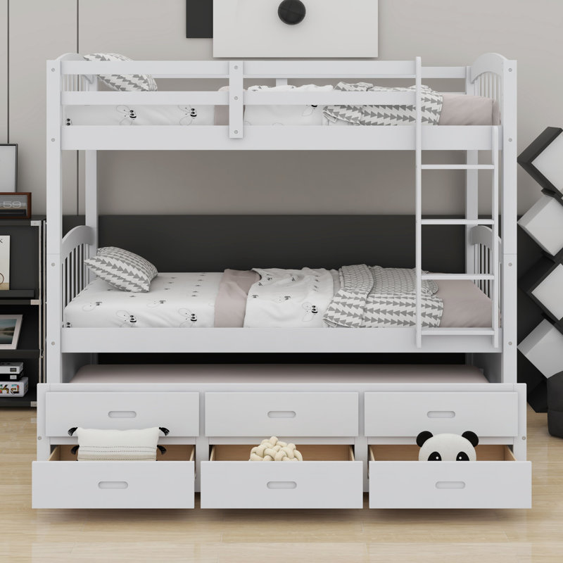 Lit superposé en bois avec lit gigogne et tiroirs, Blanc