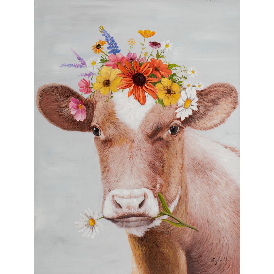 Gerahmtes Leinwandbild - Gemälde „Cow with Flower Wig”