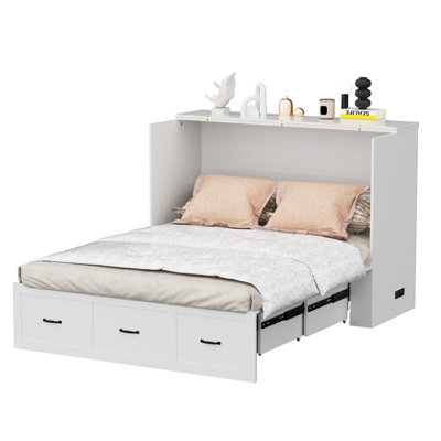 Murphy Bed Queen Size With Usb Port Foldable Bed Frame Cabinet With Storage Drawer  For Guest Room, Apartment, Home Office, Bedroom, White