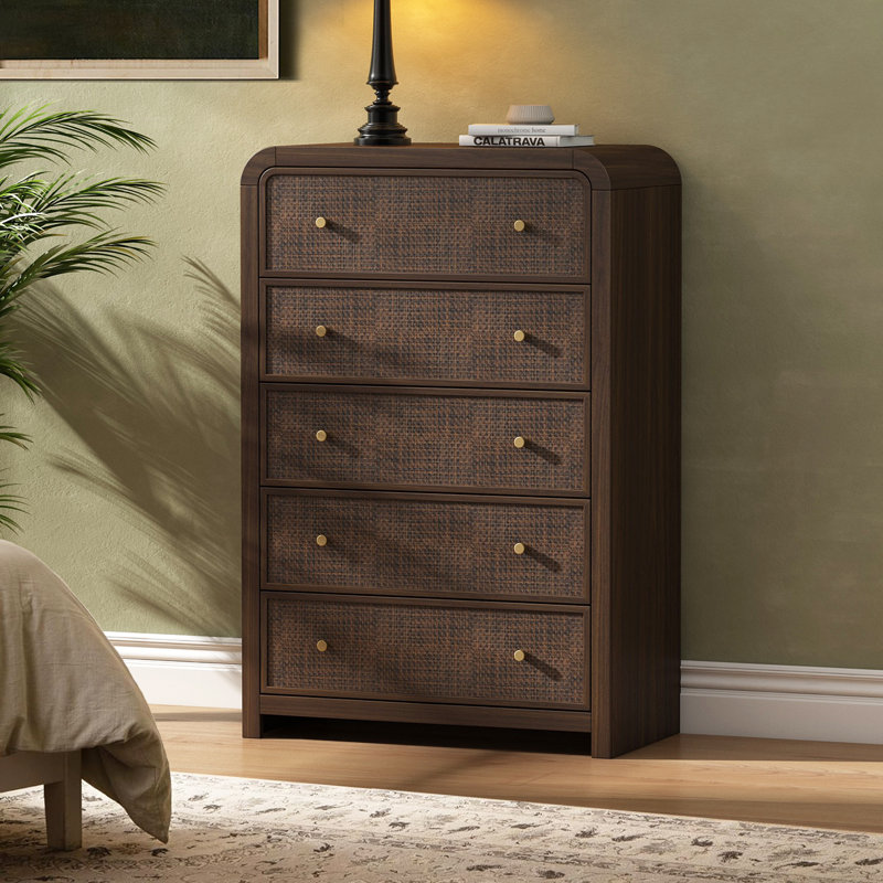 Cevat Rattan 5-Drawers Dresser，Thickened Curved Profile Design, Brown