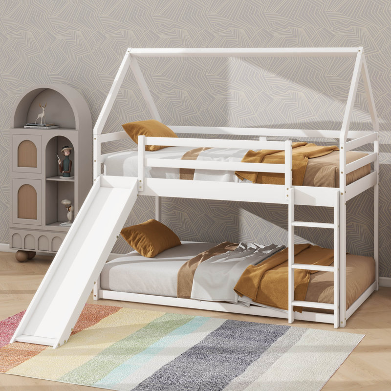 Lit superposé avec toit coulissant, lit plateforme, cadre de lit, Lit superposé simple sur simple, Blanc