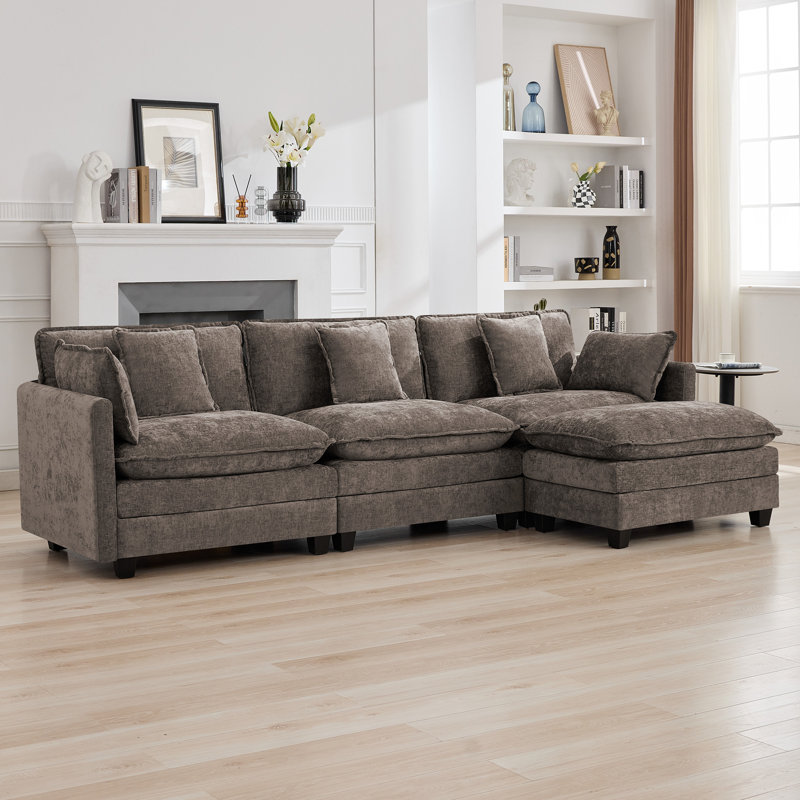 Canapé modulaire rembourré en chenille avec repose-pieds Chenille, 4, Brun