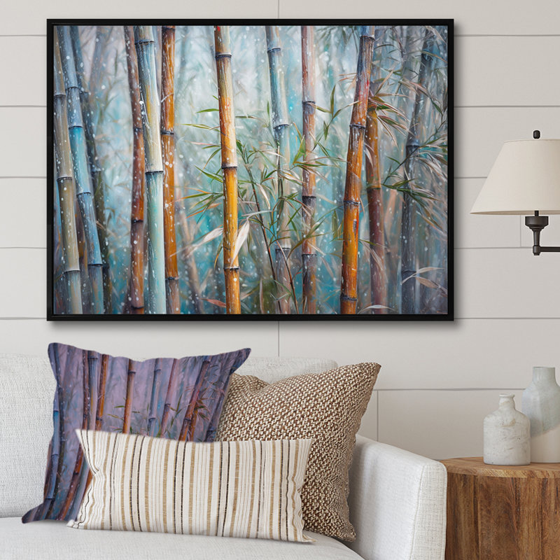 Oasis de bambou floral brun II sur toile, H 12 po x l 20 po x P 1 po, Cadre flottant noir