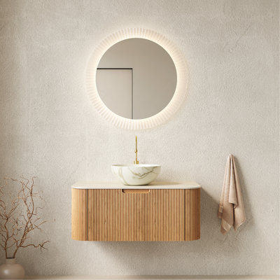 Meuble-lavabo 36 po, meuble-lavabo rayé à bords arrondis avec tiroir, cuve en céramique blanc mat et plateau en pierre frittée à motif de travertin, grain de bois naturel pré-assemblé