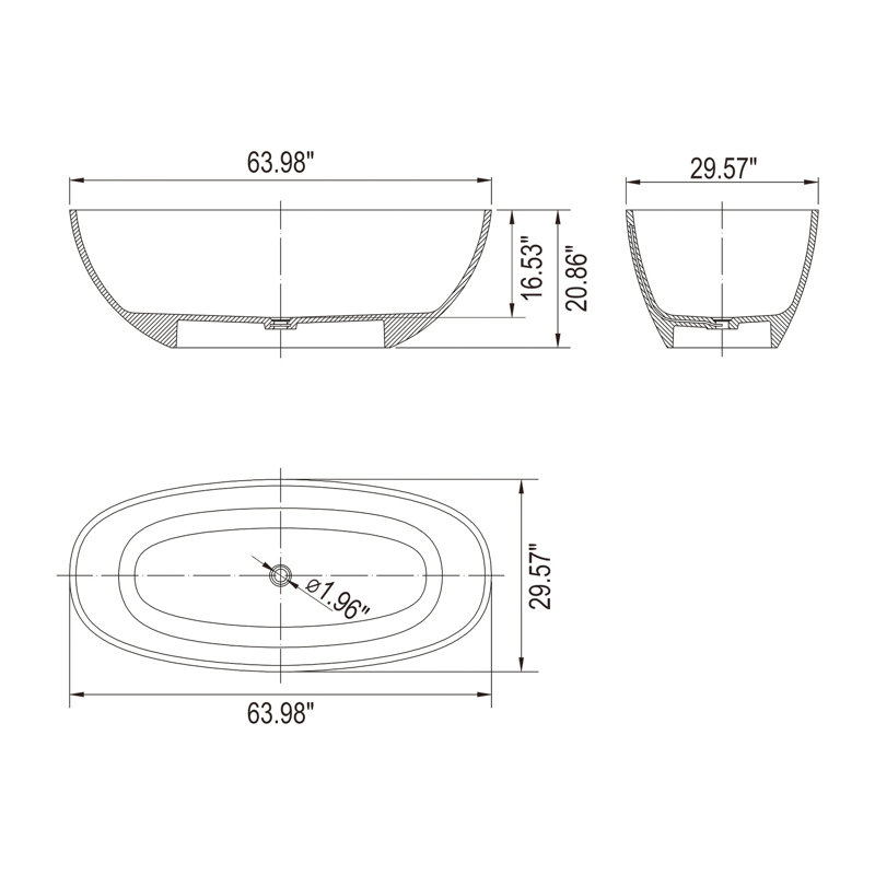 Baignoire autoportante ovale bleue transparente de 64 pouces, ergonomique pour le confort de la salle de bain.