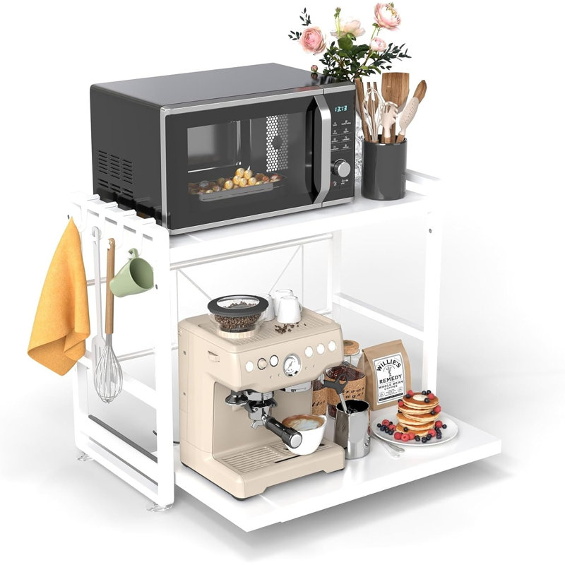 Support à micro-ondes à 2 niveaux - Tablette de cuisine réglable en hauteur et extensible avec tiroir - Acier au carbone