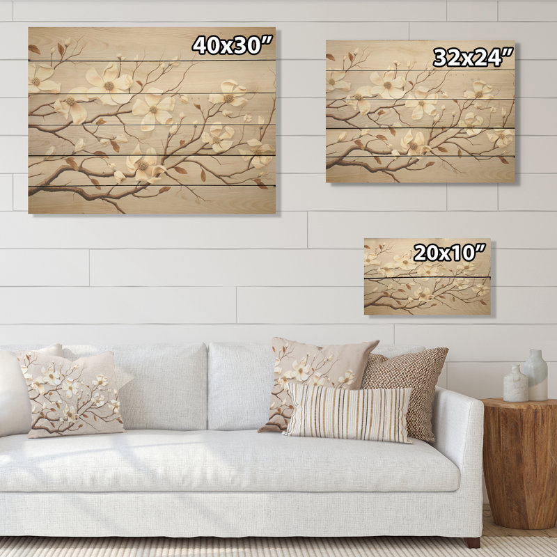 Harmonie blanche I, art cornouiller sur bois de pin naturel, H 10 po x l 20 po