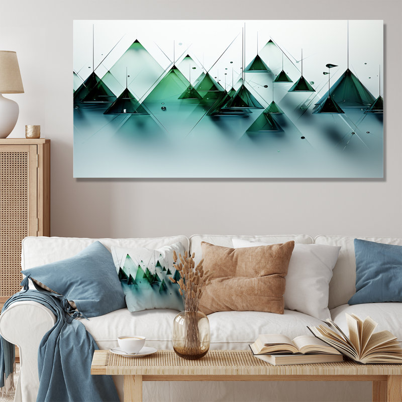 «Green Abstract Echoes of Piramid VI», art mural géométrique, Toile tendue, H 28 po x l 60 po x P 1,5 po