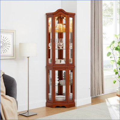 Cabinets Curio avec lumières, tablettes réglables en verre, dossier en miroir | Armoire de coin traditionnelle noyer brun | H 70,25 po x l 21,5 po x P 15,75 po