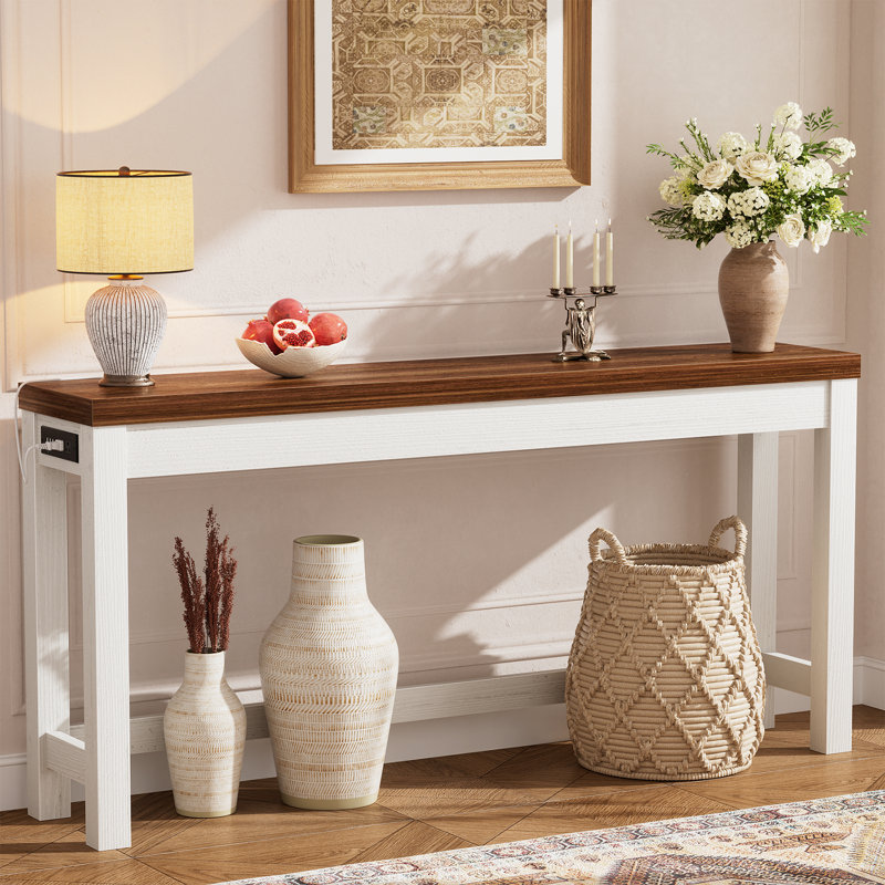 63 Inch Console Table with Outlet, White, Brown Oak