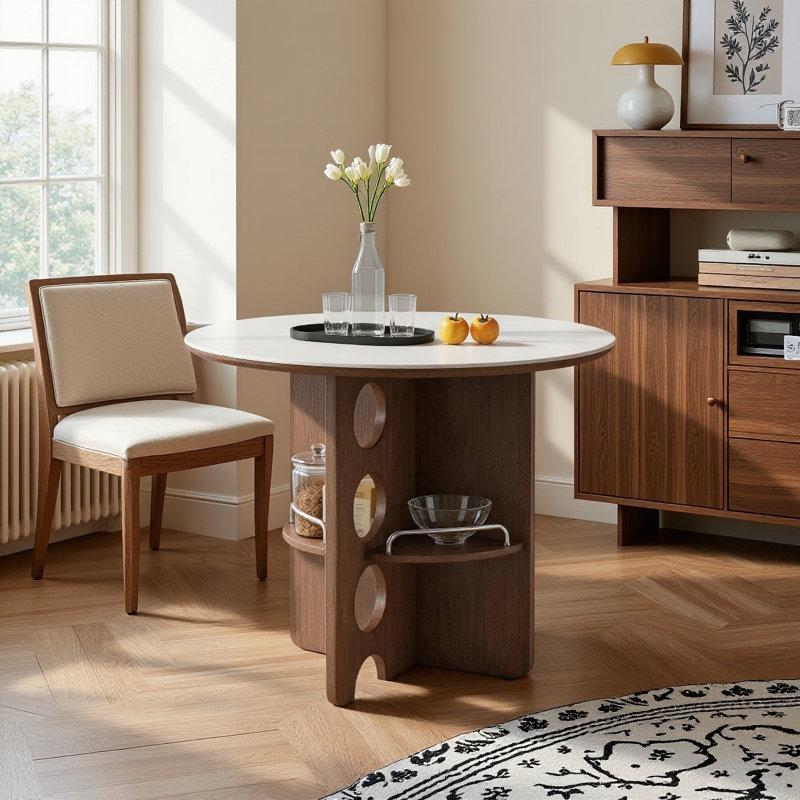 Table de salle à manger ronde 35,5 po avec tablette de rangement, plateau en pierre frittée mate et base en bois aggloméré noyer pour 2 à 4 personnes