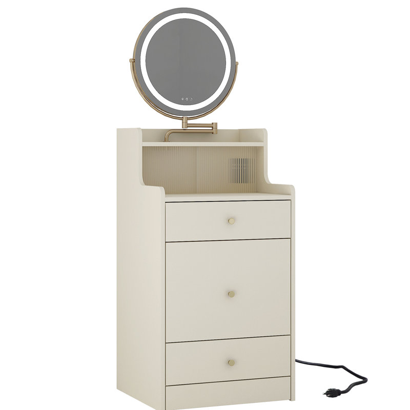 Bureau de coiffeuse 3 en 1 avec miroir éclairé, station de charge utile, 2 tiroirs et espace de rangement ouvert, tabouret rembourré, miroir jaune et coiffeuse compacte